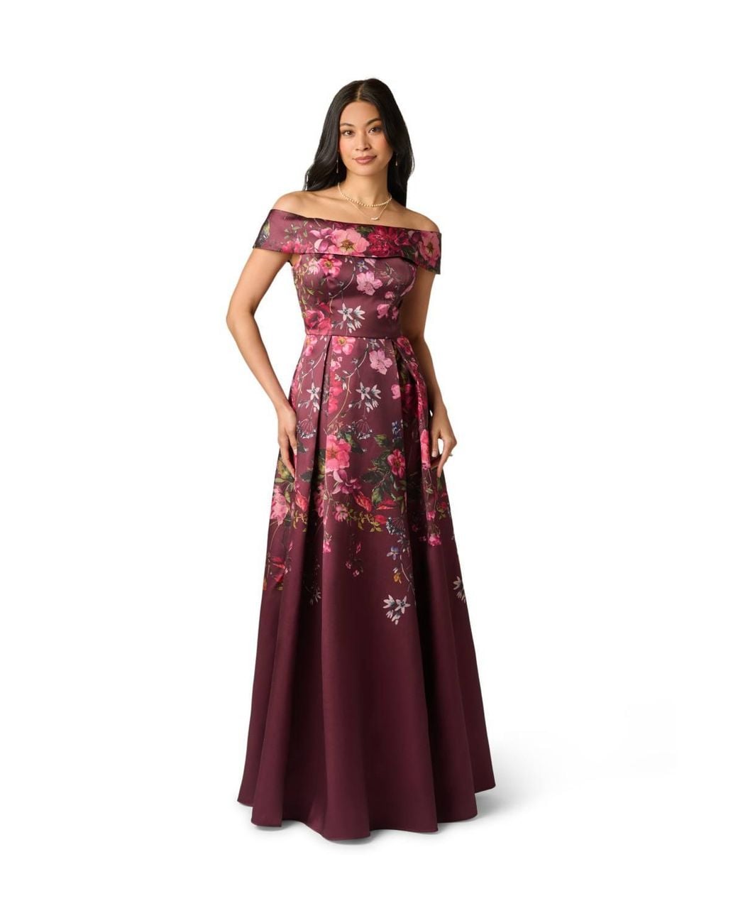 Adrianna Papell Purple Shoulder Printed Gown Dress