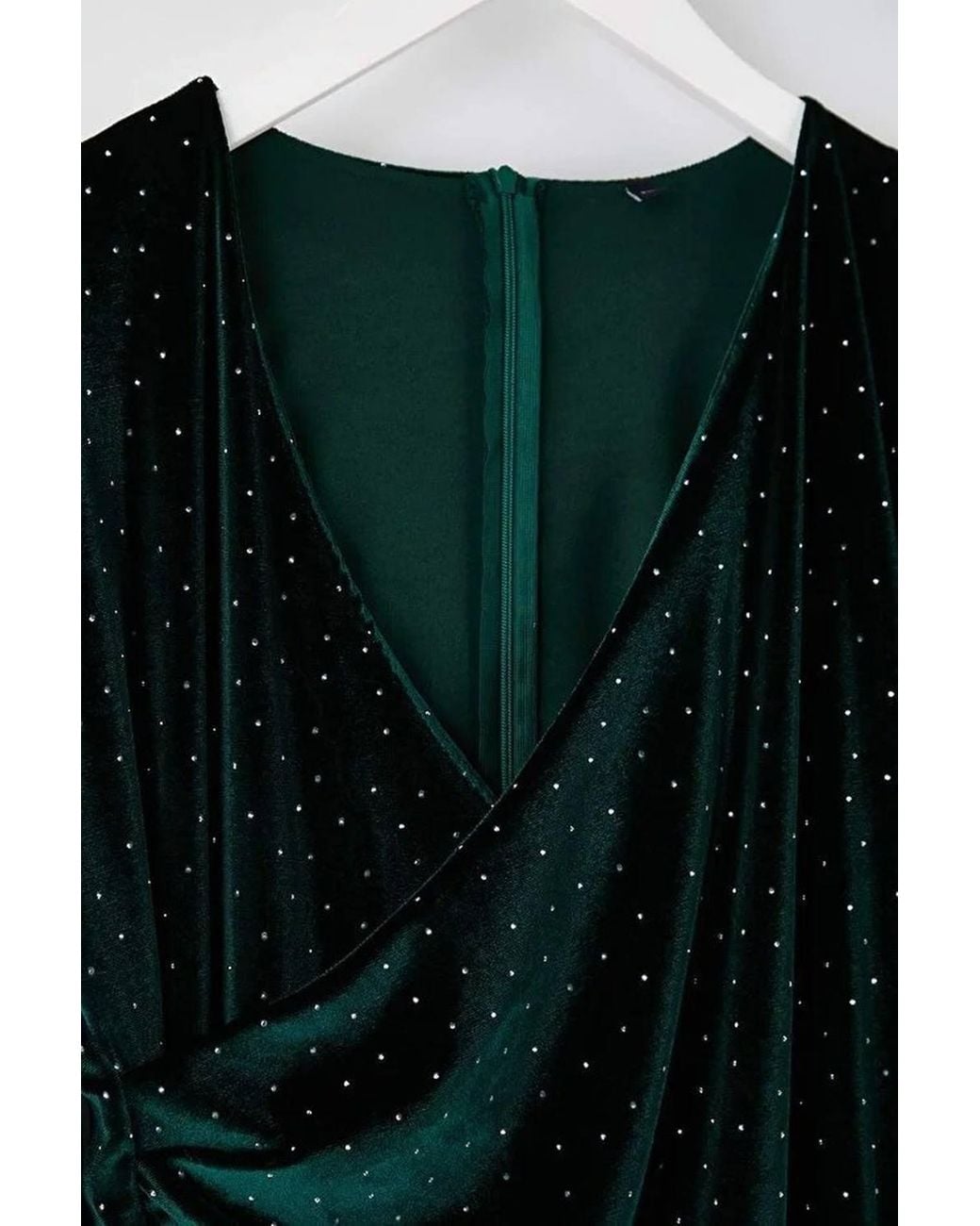 WOVCOR Green Embellished Ruched Velvet Midi Wrap Dress W/ Side Split