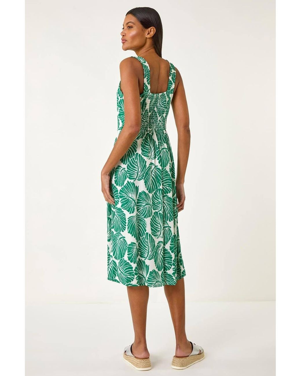 Roman Green Leaf Print V-Neck Stretch Midi Dress
