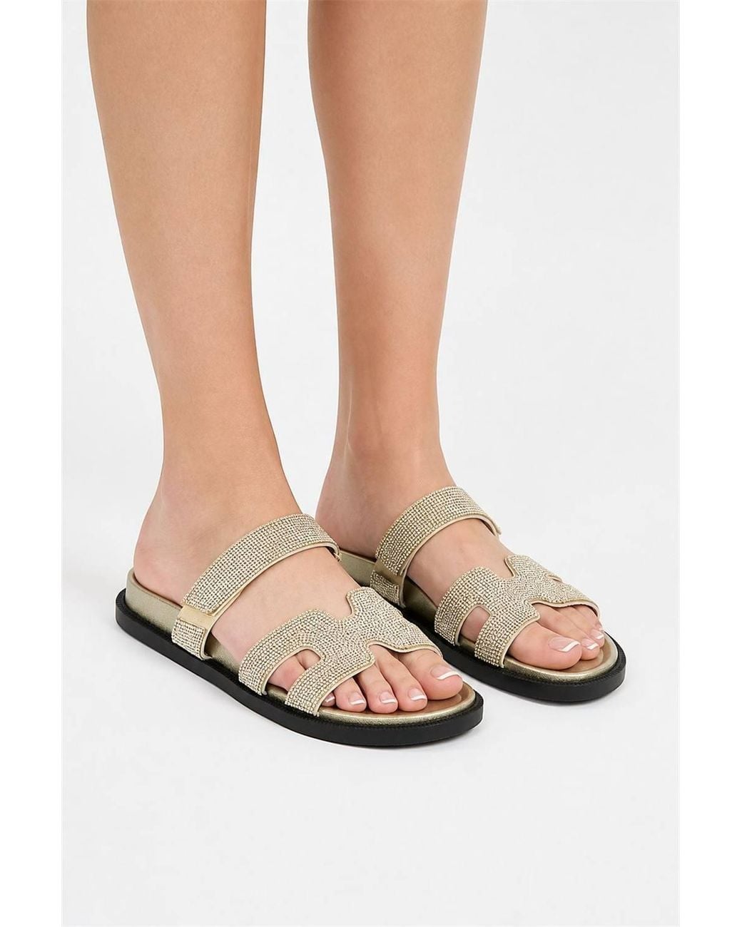 Miss Diva Natural Calla H Shape Velcro Strap Diamante Flat Sliders