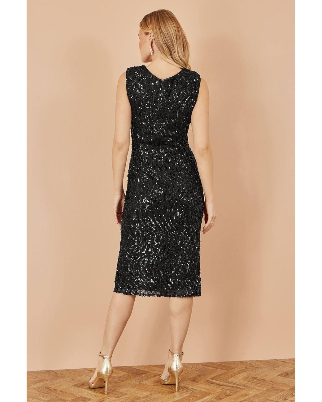 Yumi' Black Sequin Fitted Wrap Dress W/ Split Hem