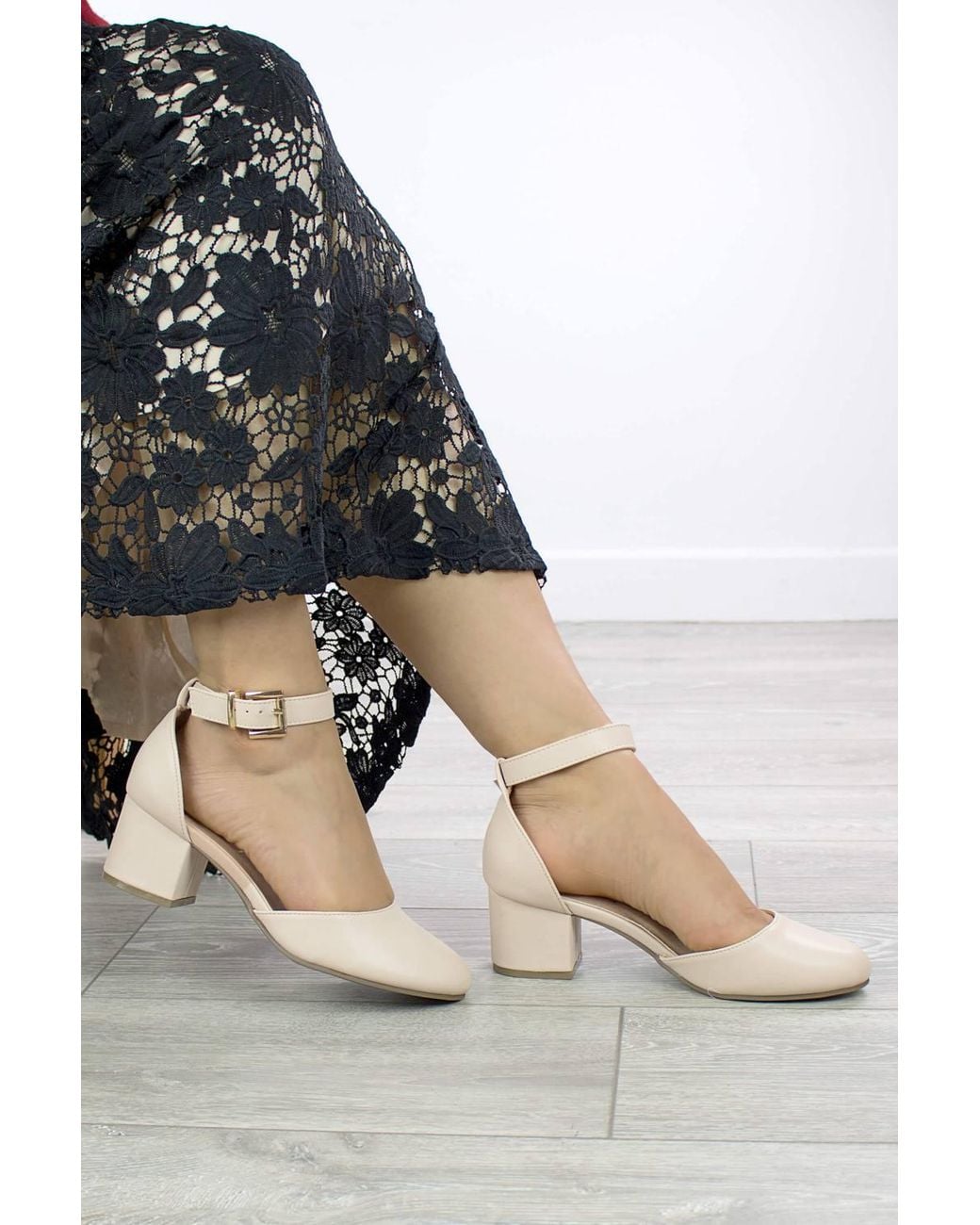 AJVANI Natural Mid Block Heel Ankle Strap 2 Part Heels