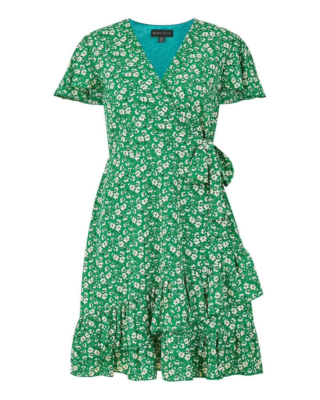 Yumi' Green Ditsy Floral Wrap Frill Dress