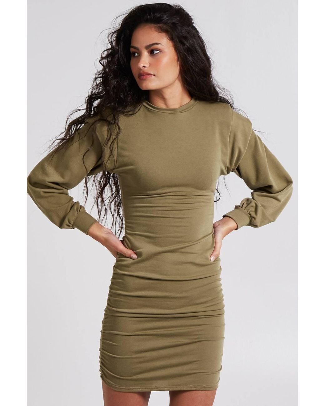 Pink Vanilla Green Hooded Shoulder Pad Gathered Hem Dress