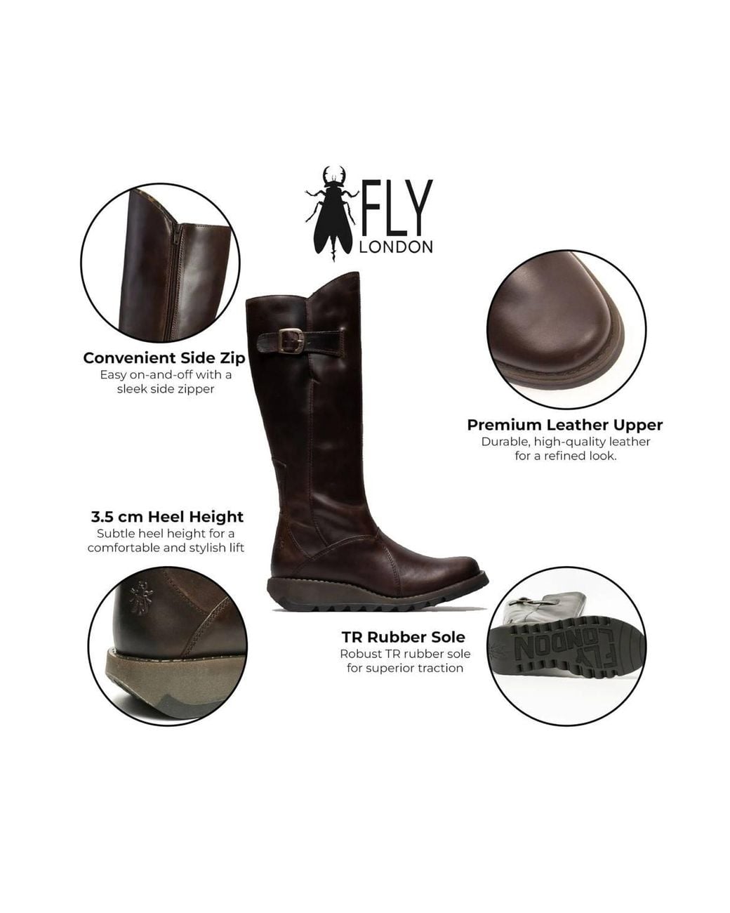 Infinity Leather Black Fly London Mol 2 Leather Wedge Heel Knee High Zip-Up Boots