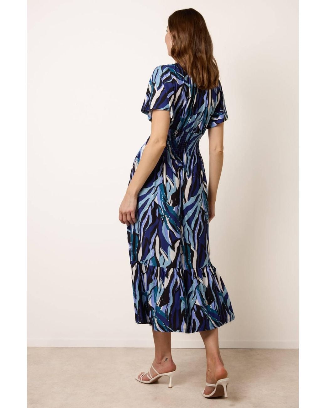 Blue Vanilla Blue Shirred Waist Short Sleeve V-Neck Maxi Dress