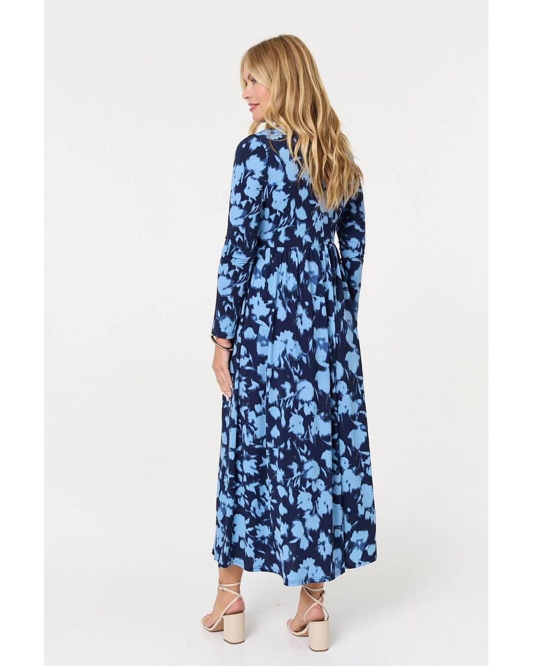 Izabel London Blue Floral Long Sleeve Jersey Maxi Dress