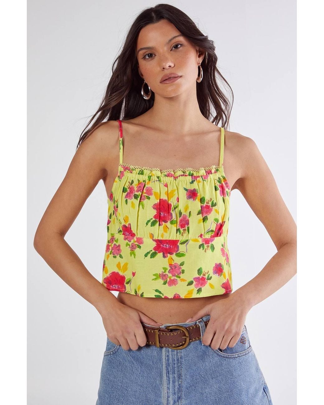 Nasty Gal Yellow Floral Linen Mix Lace Trim Soft Corset Top
