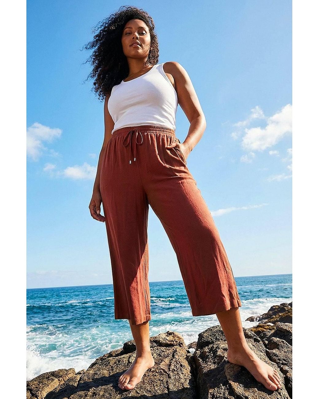 Roman Blue Curve Linen Mix Cropped Trousers