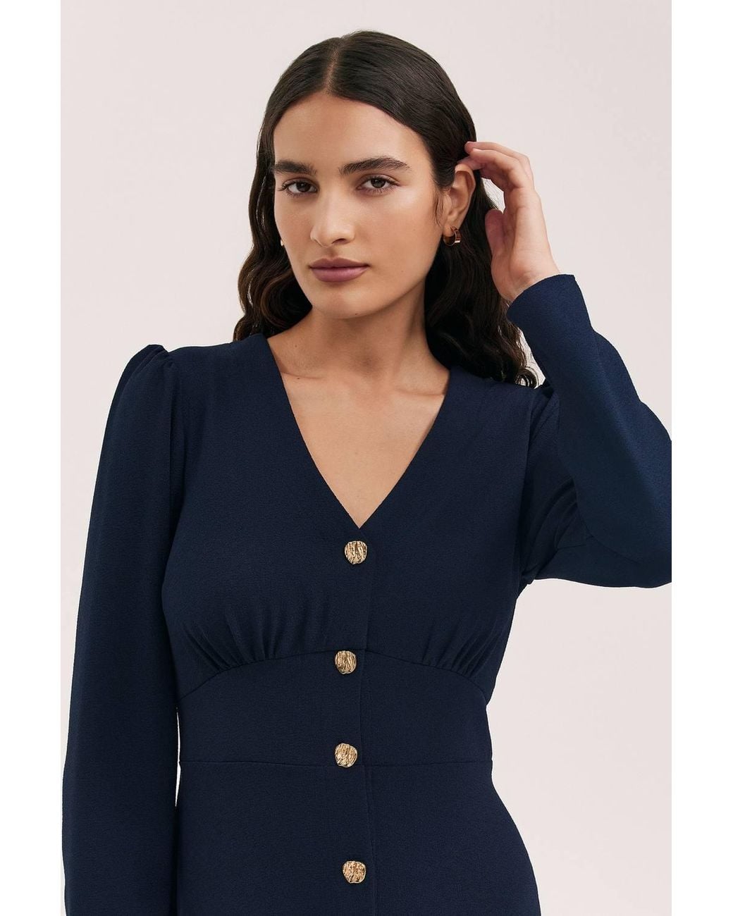 Finery London Blue Caprice Long Sleeve Crepe Midi Dress