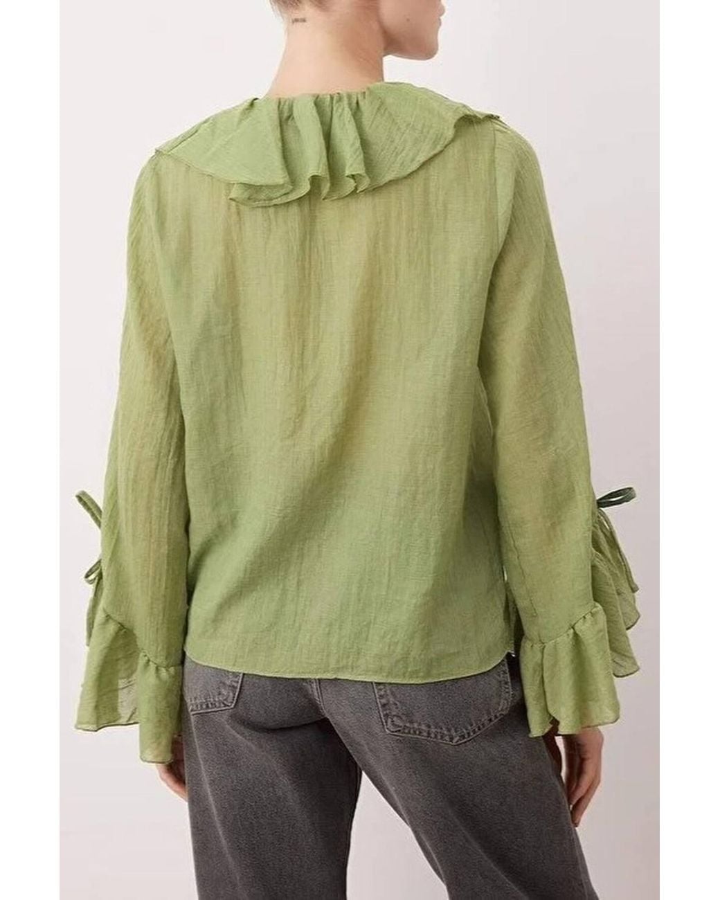 WOVCOR Green Ruffle Front Long Sleeve Boho Style Woven Blouse