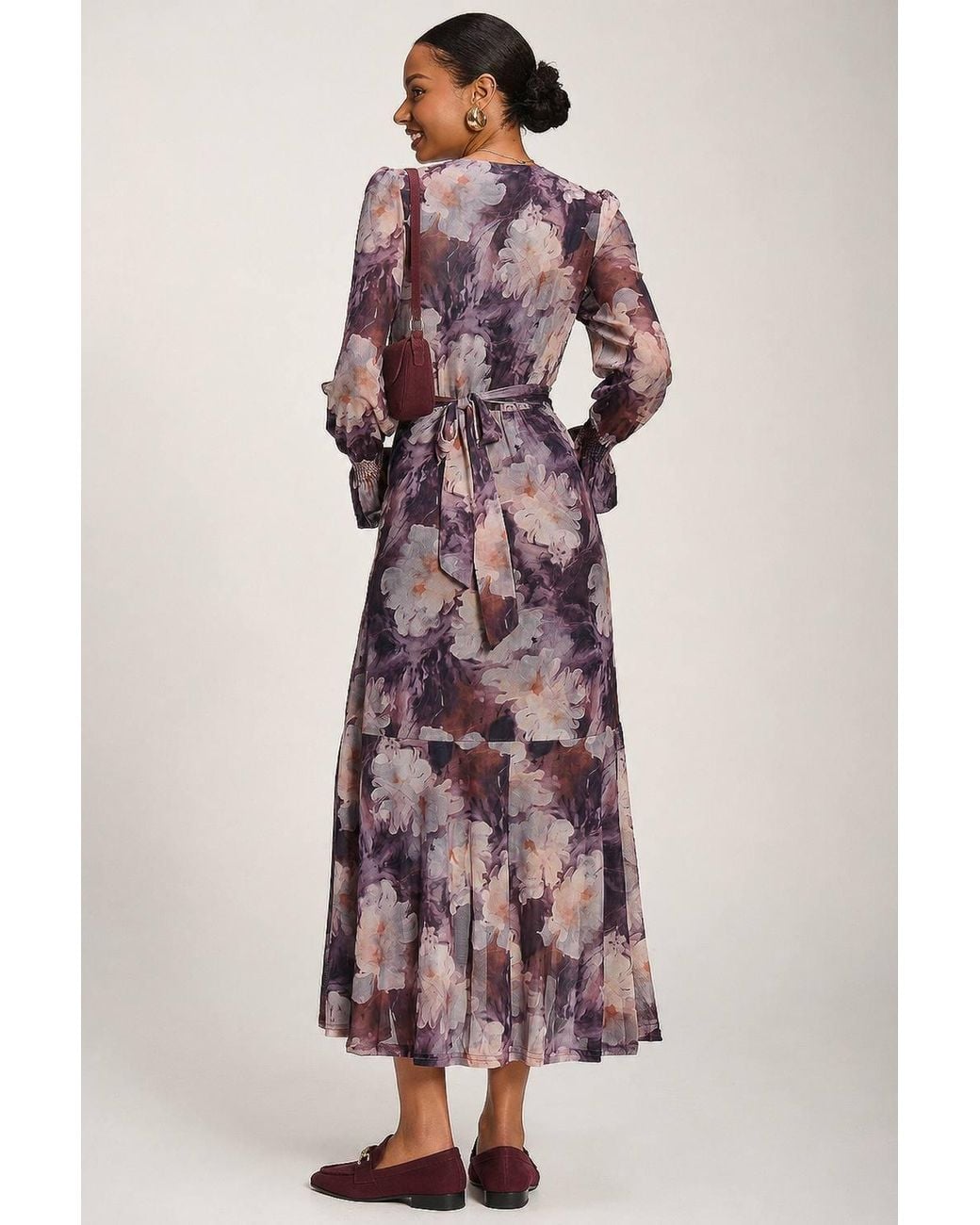 Jolie Moi Purple Ruffle Cuffed Sleeve Frill Mesh Maxi Dress