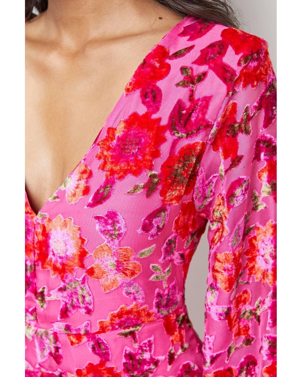 Warehouse Pink Devore Plunge Neck Waisted Midi Dress