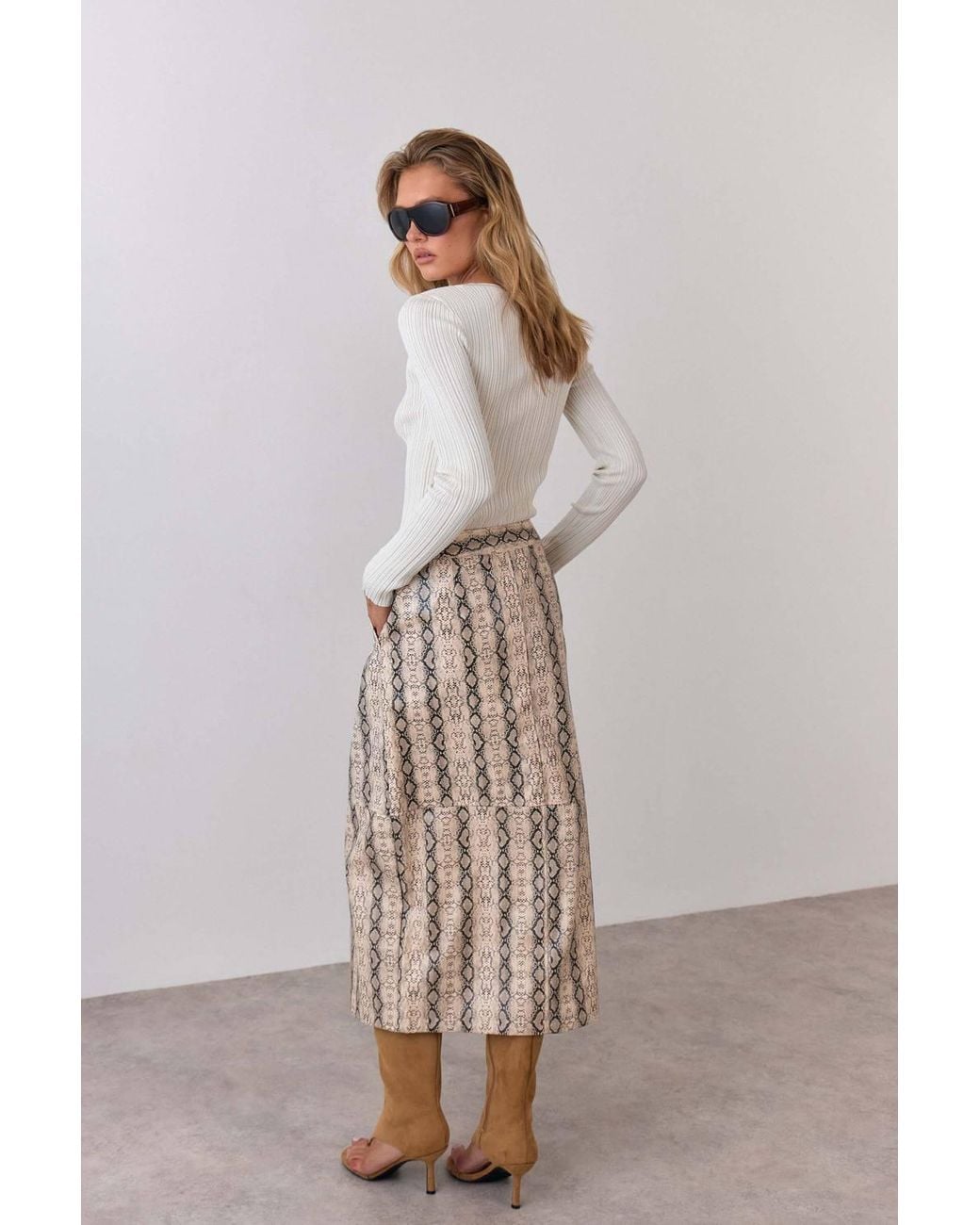 Warehouse Natural Snake Print Faux Leather Midi Skirt