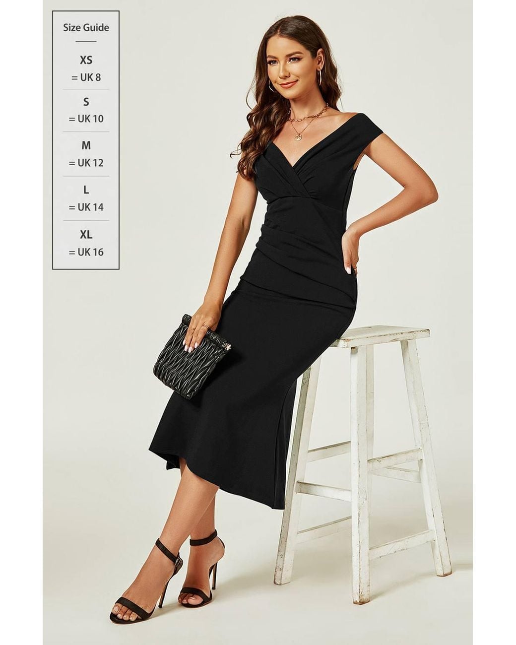 FS Collection Black Bardot Pleated Occasion Midi Dress