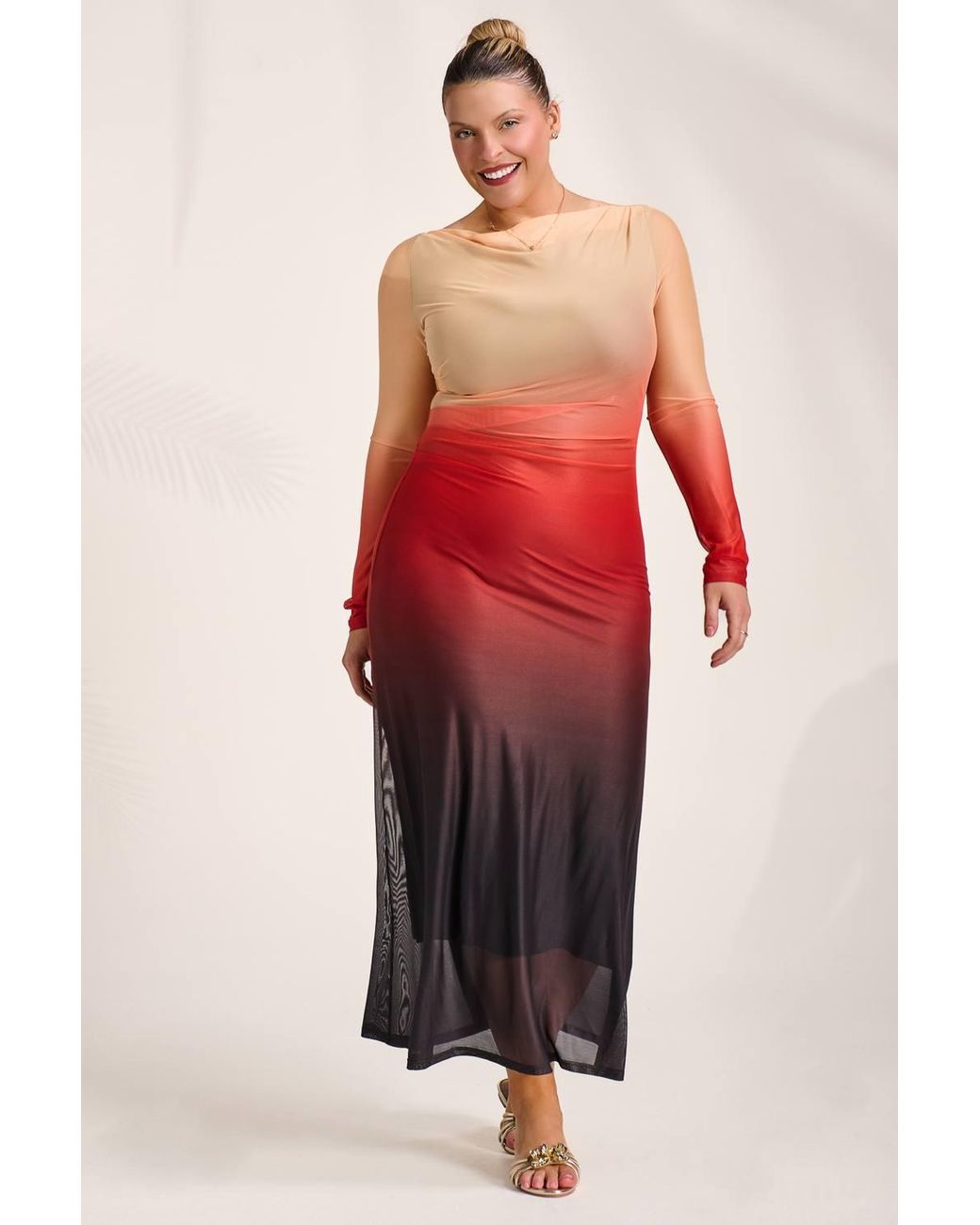 Jolie Moi Red Long Sleeve Slash Neck Mesh Maxi Dress