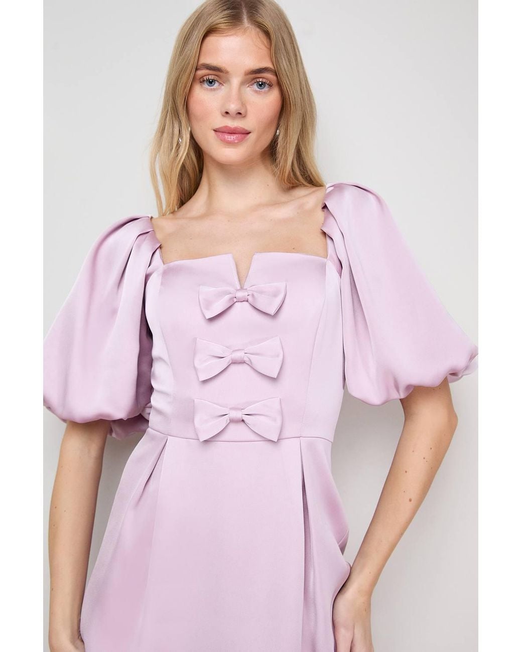 Oasis Pink Satin Bow Front Square Neck Mini Dress