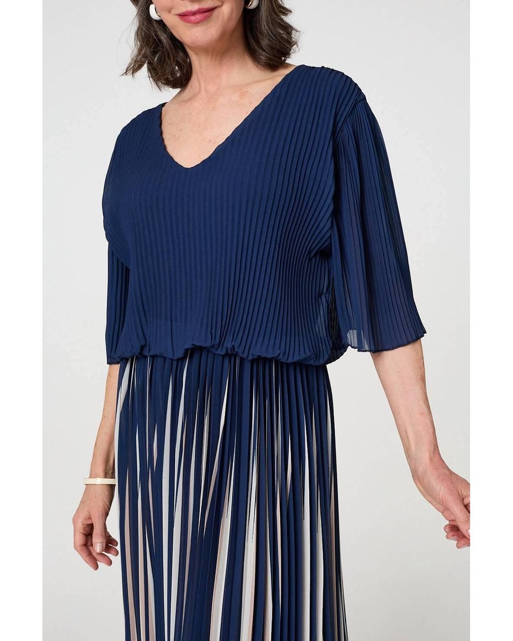 Izabel London Blue Striped Pleat 1/2 Sleeve Midi Dress