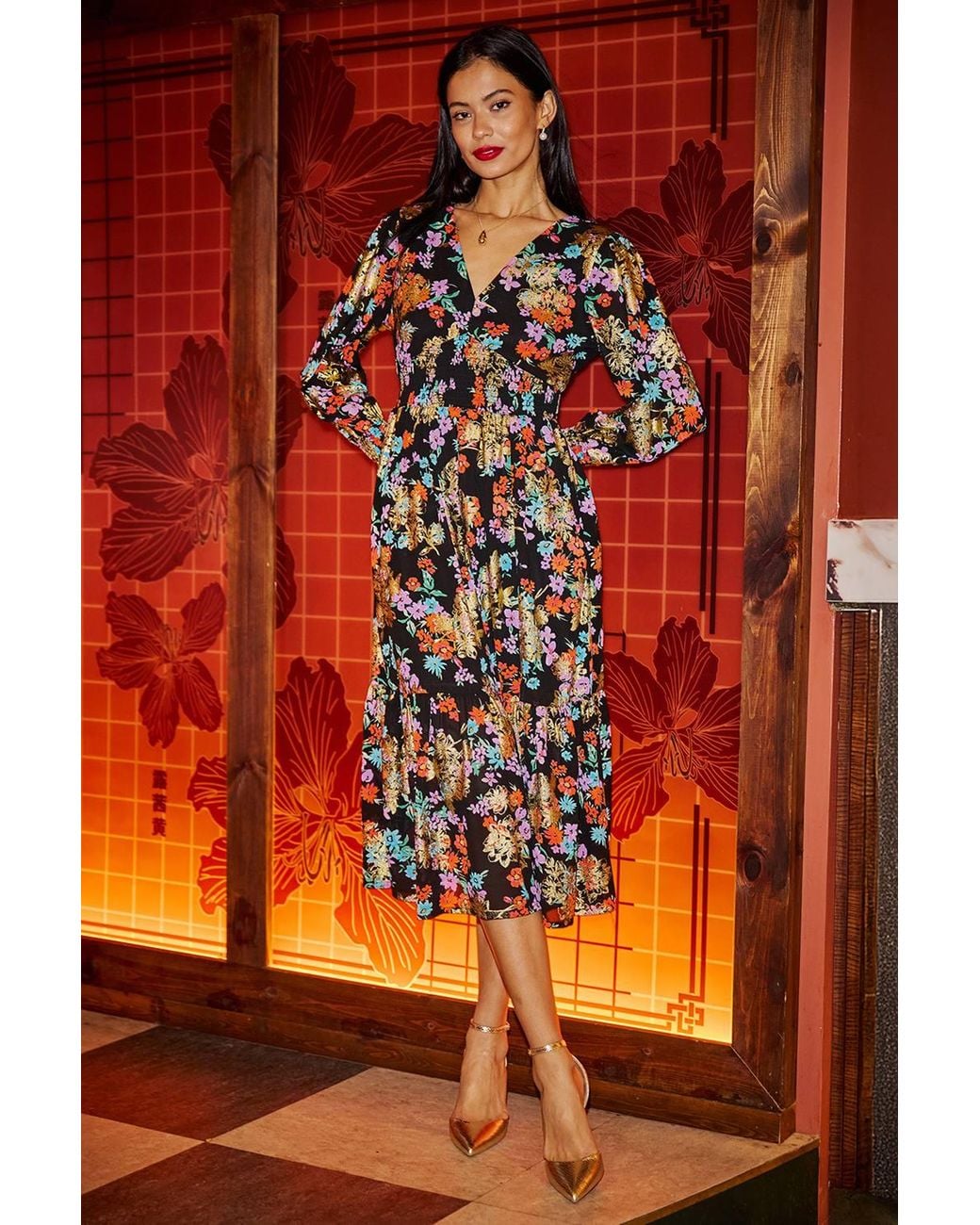 Yumi' Red Floral & Foil Ruched Midi Dress W/ Split Hemline