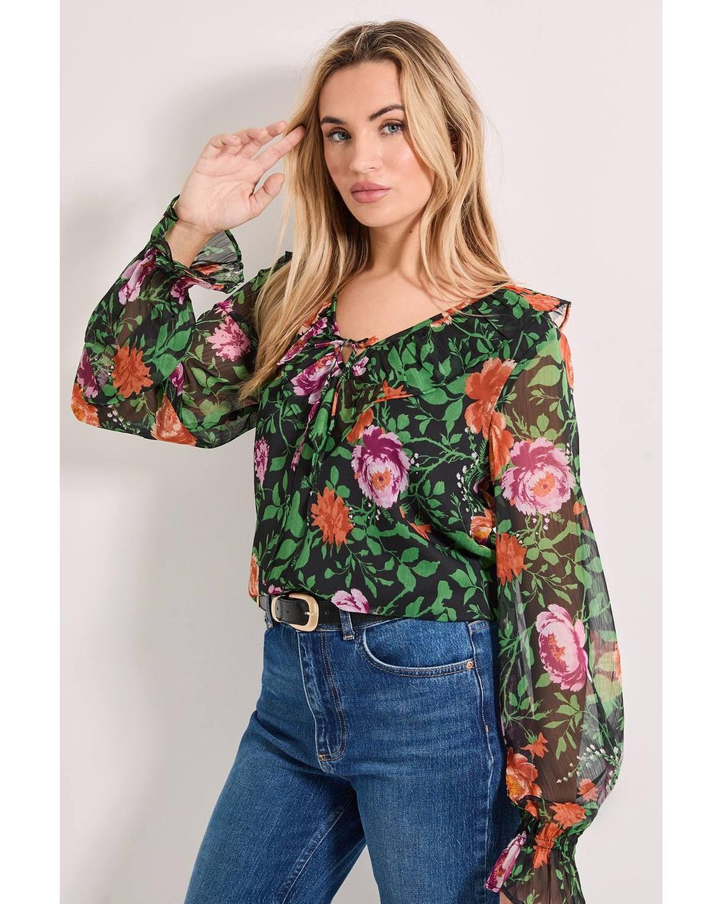 Dorothy Perkins Multicolor Ruffle Tie Front Long Sleeve Printed Chiffon Blouse