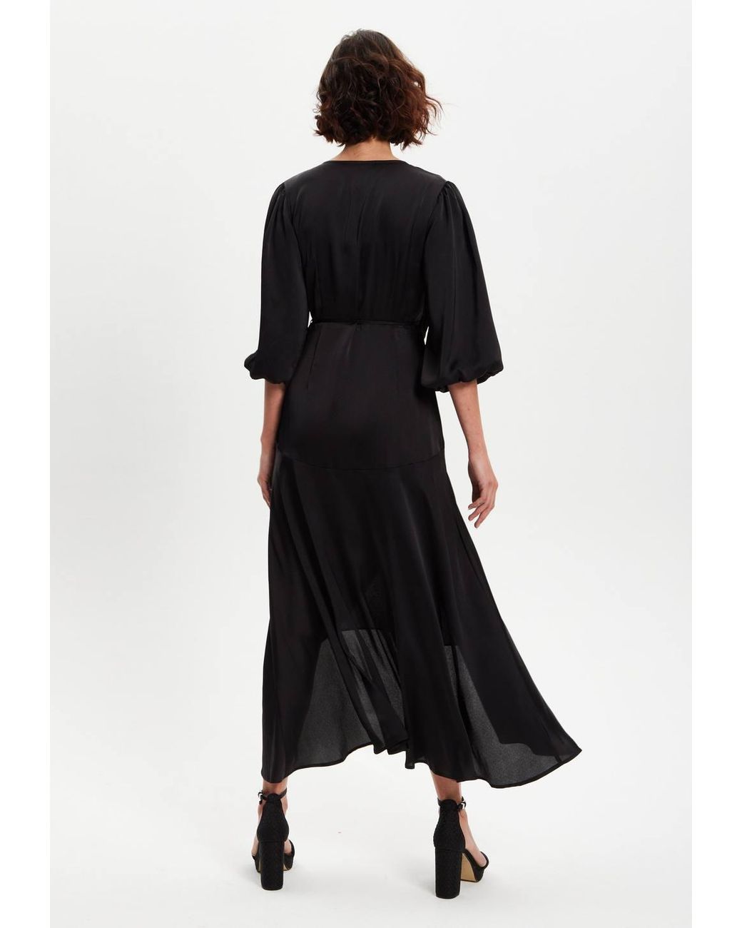Liquorish Black Midi Wrap Dress W/ Puff Sleeves