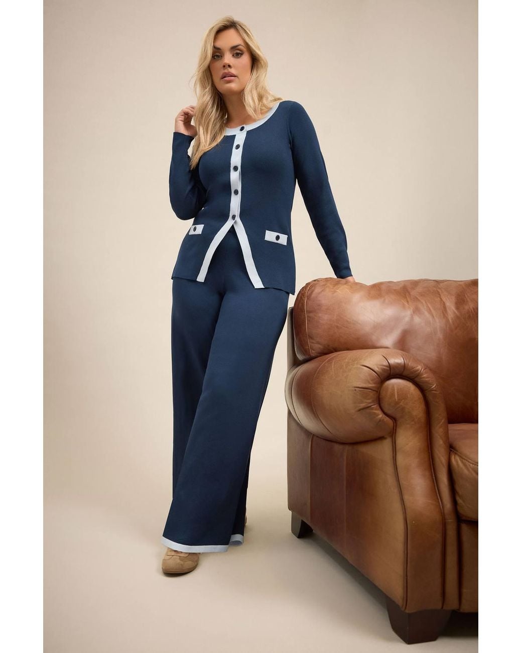 Yours Blue Contrast Hem Trousers
