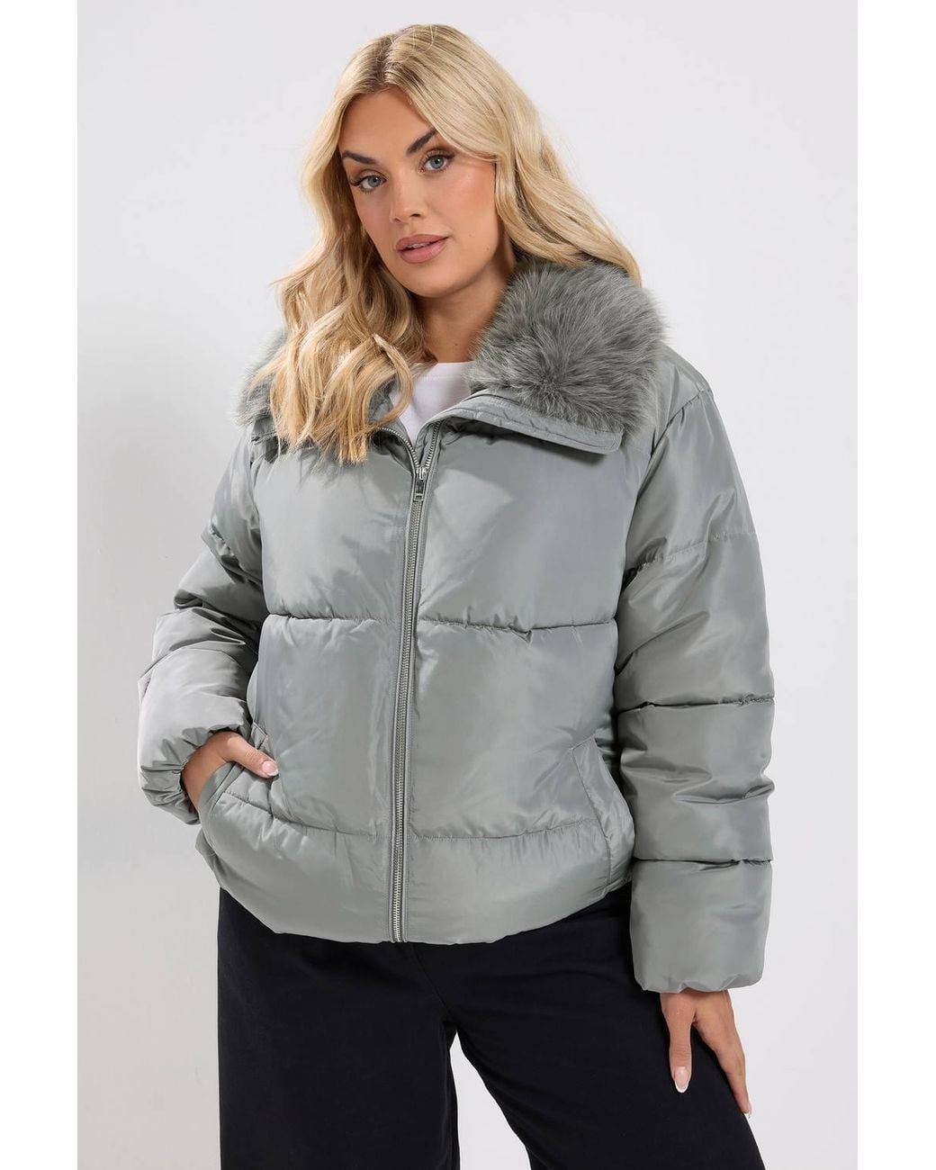 Yours Gray Funnel Neck Padded Coat