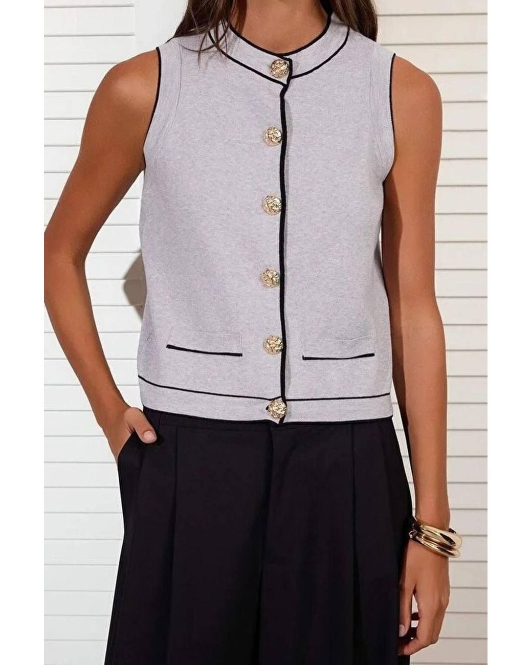 WOVCOR White Contrast Trim Button Detail Sleeveless Knit Top