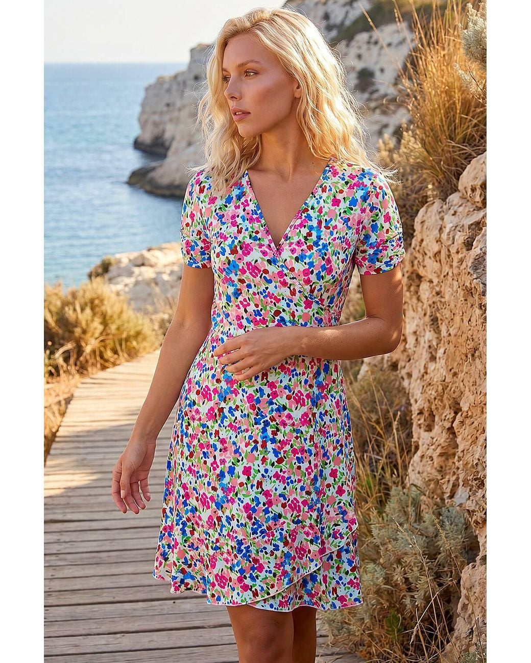 Roman Blue Petite Floral Frill Wrap Dress