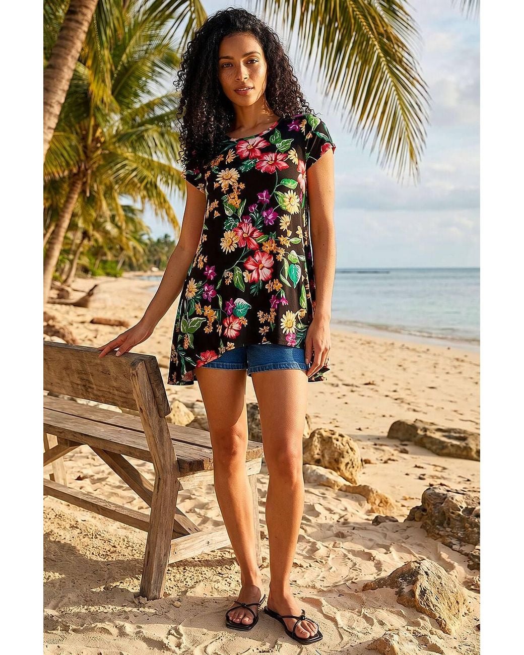 Roman Black Floral Print Hanky Hem Tunic Top