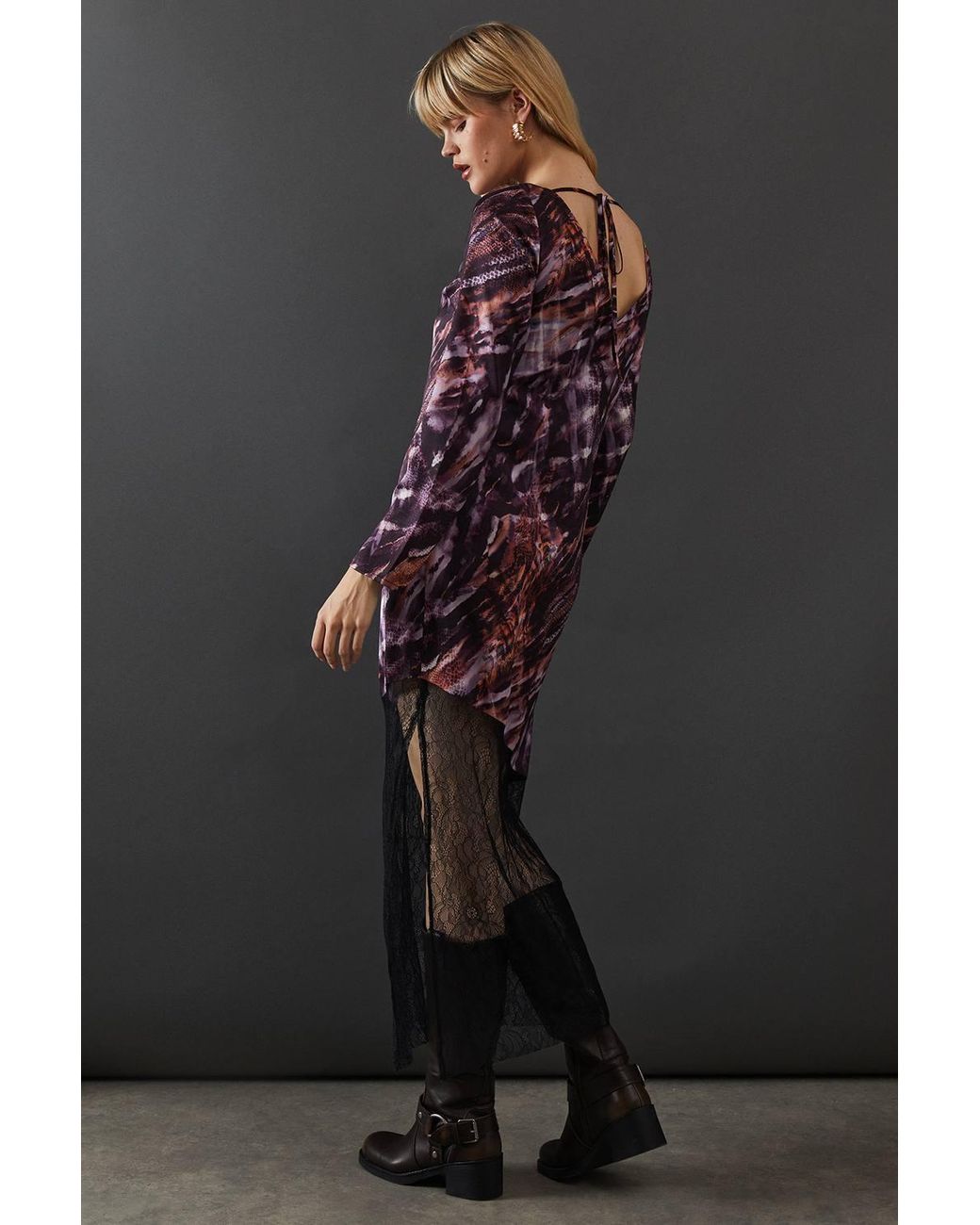 Warehouse Black Marble Satin Column Lace Panel Midi Dress
