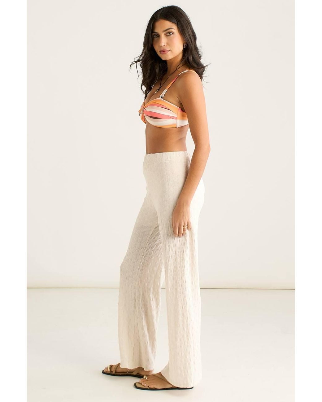 Gini London Natural Textured Elasticated Waist Flared Trousers