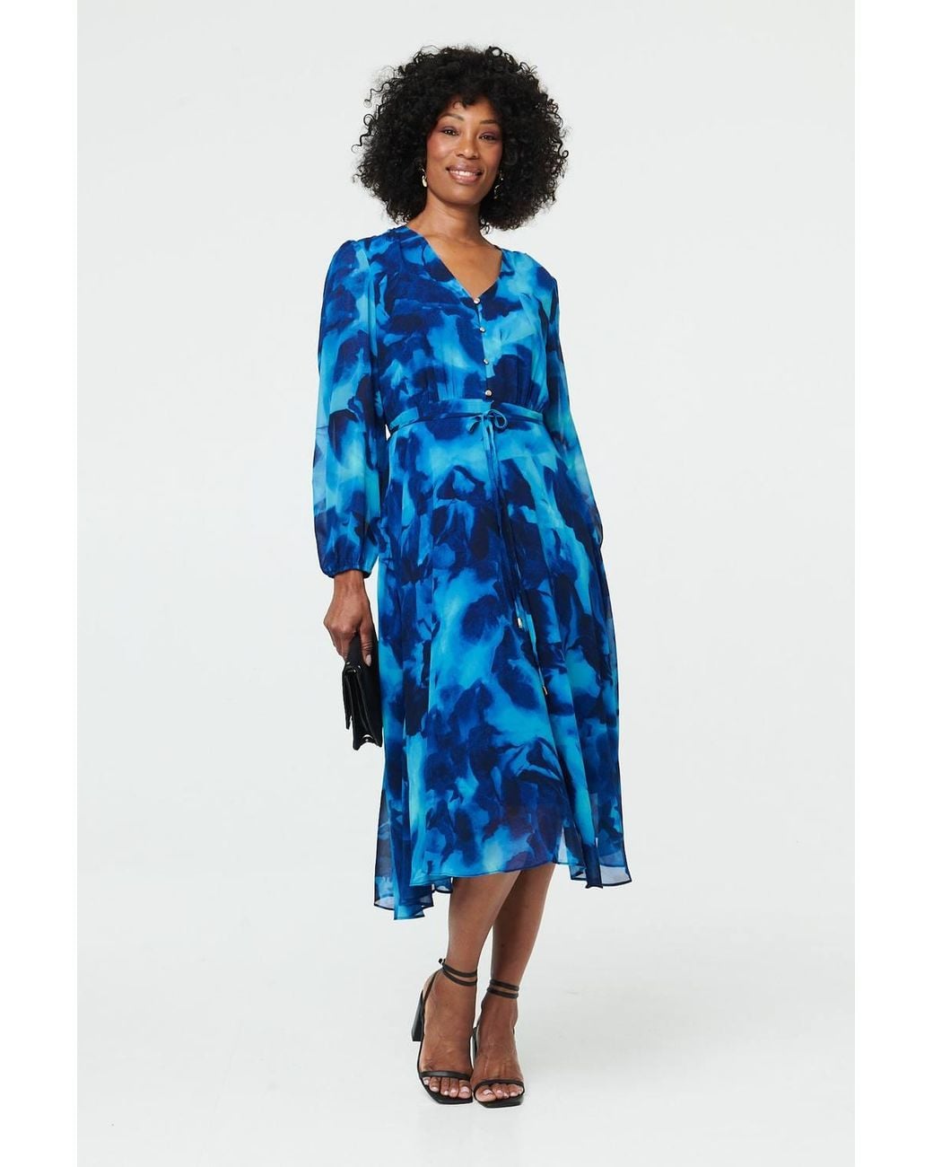 Izabel London Blue Printed Semi Sheer Layered Midi Dress