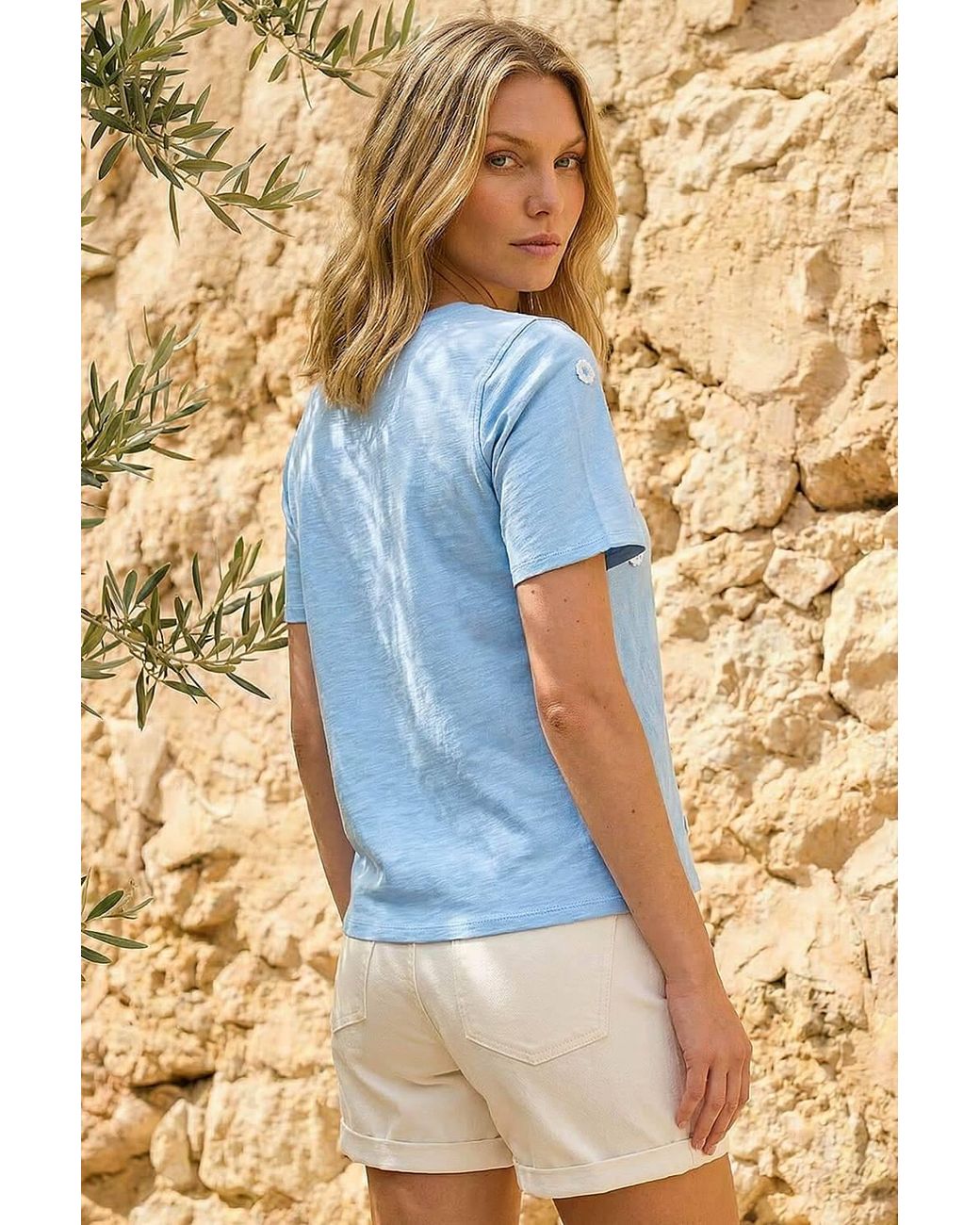 Roman Blue Textured Floral Stretch T-Shirt