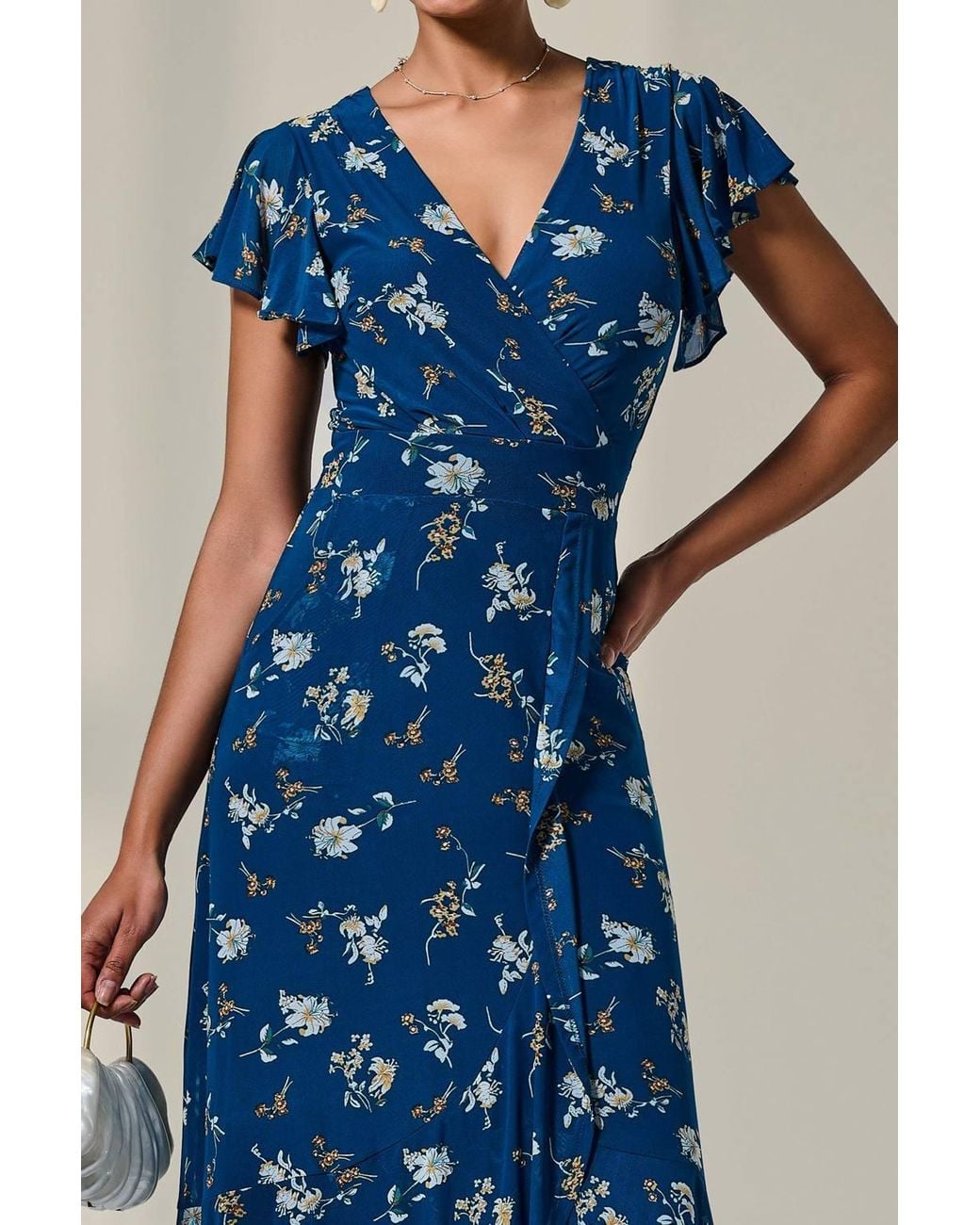 Jolie Moi Blue Floral Ruffle Hem Maxi Dress