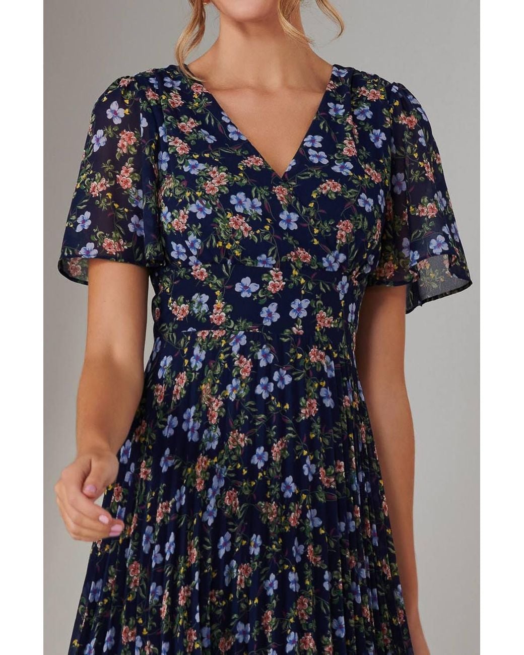 Jolie Moi Blue Chiffon Pleated Wrap Midaxi Dress