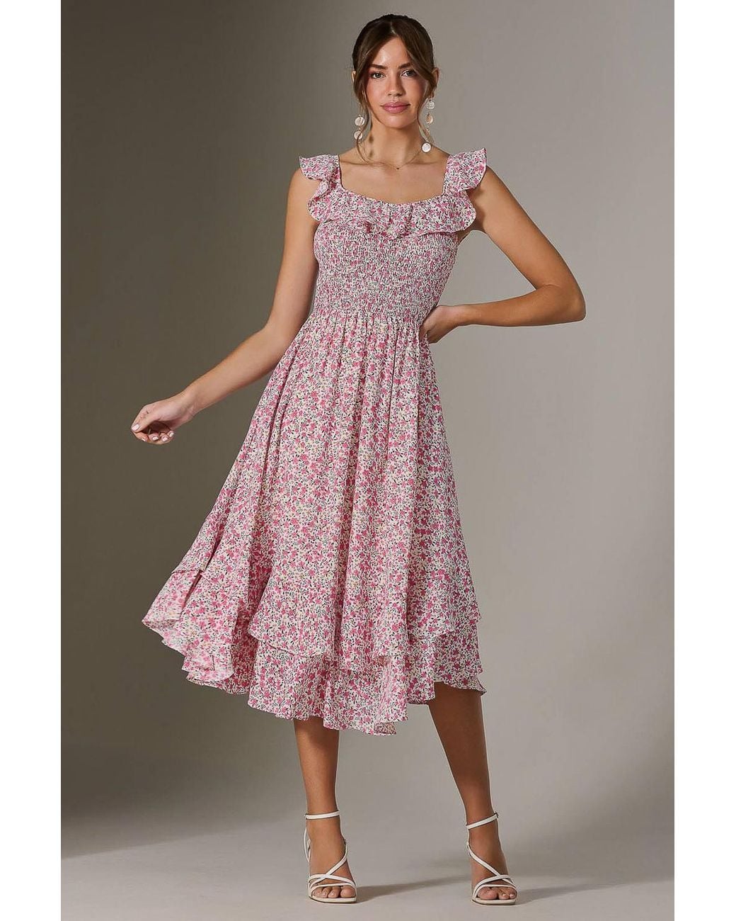 Jolie Moi Pink Ruffle Shirred Woven Midi Dress