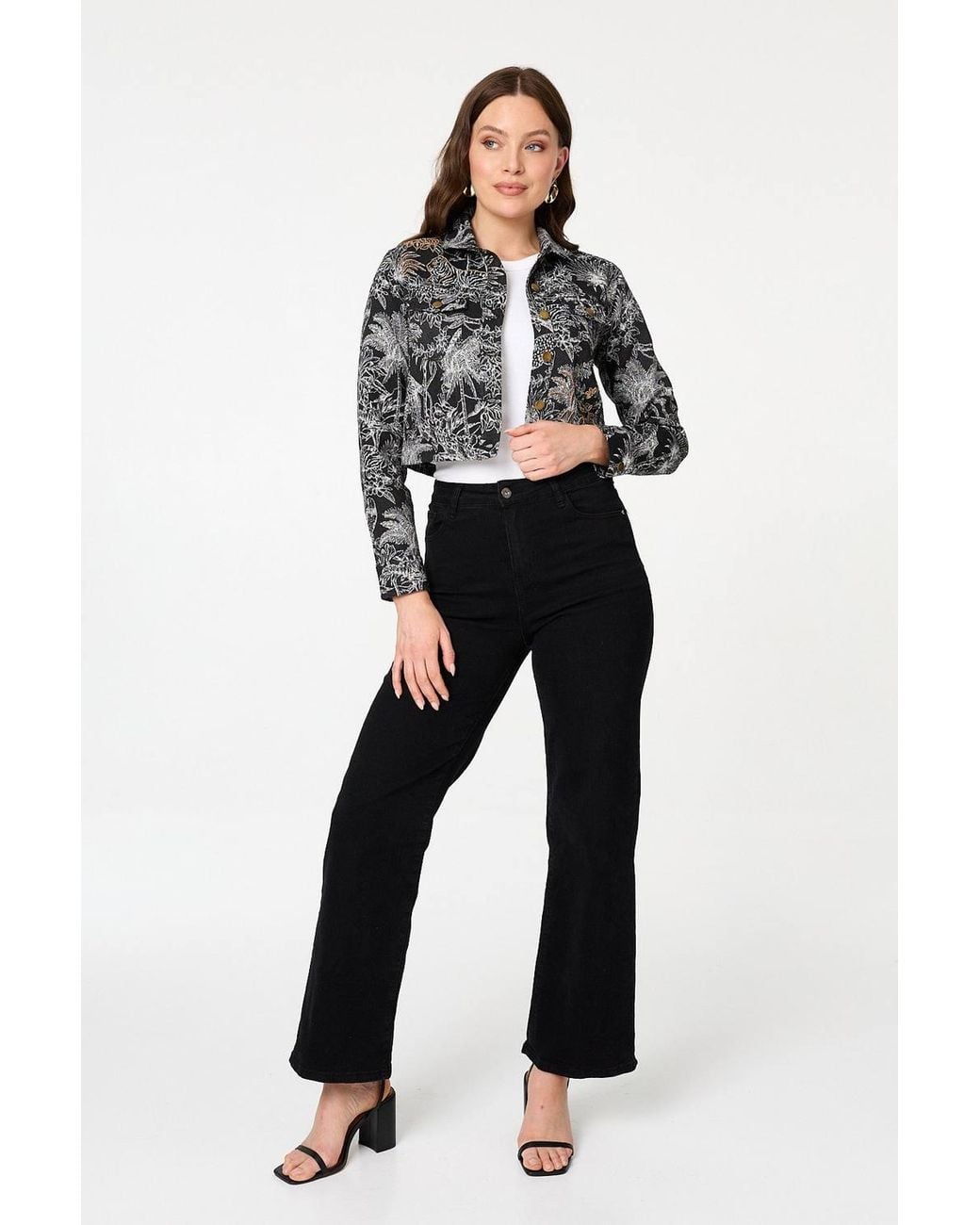 Izabel London Gray Tropical Print Textured Cropped Jacket