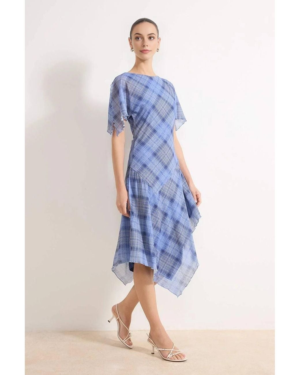 WOVCOR Blue Check Asymmetric Hem Angel Sleeve Midi Dress