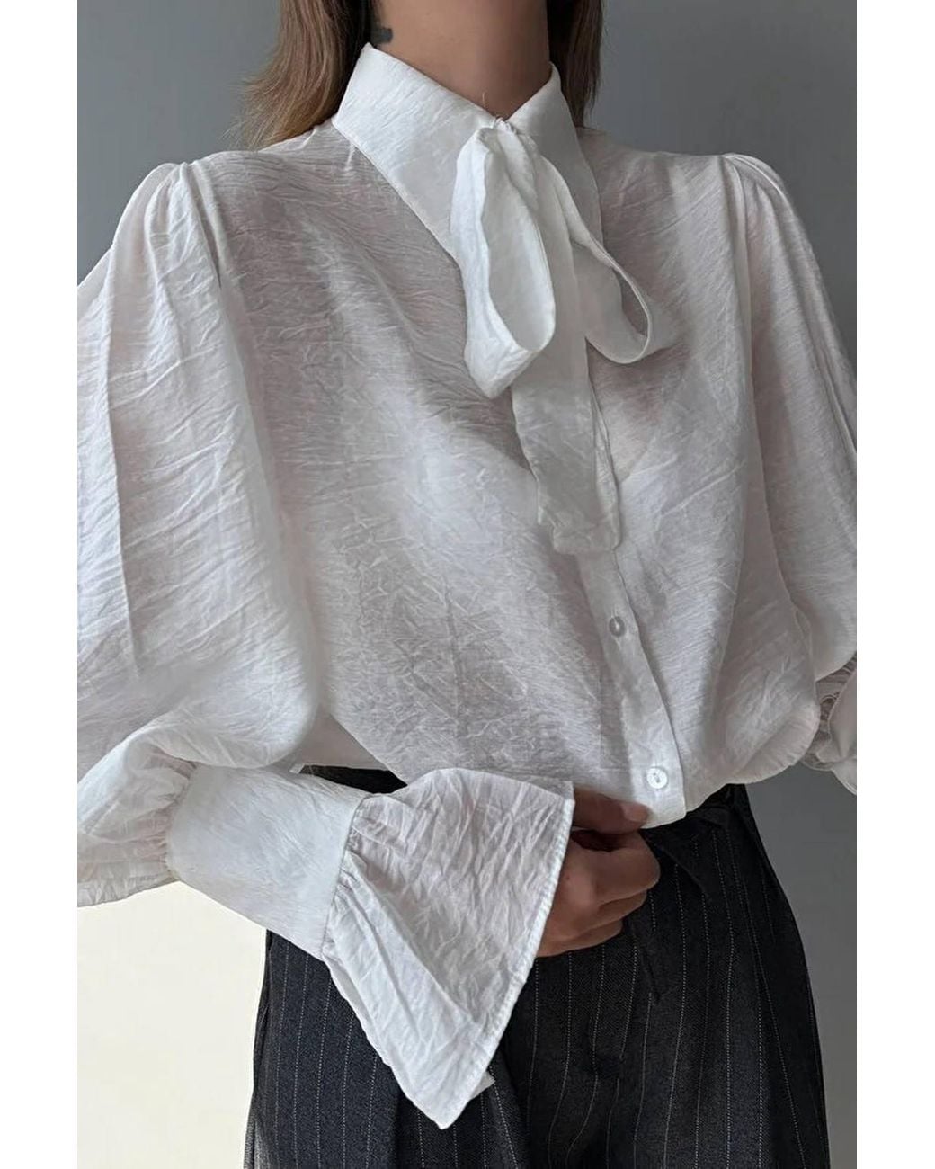 WOVCOR Gray Sheer Tie Neck Long Sleeve Shirt