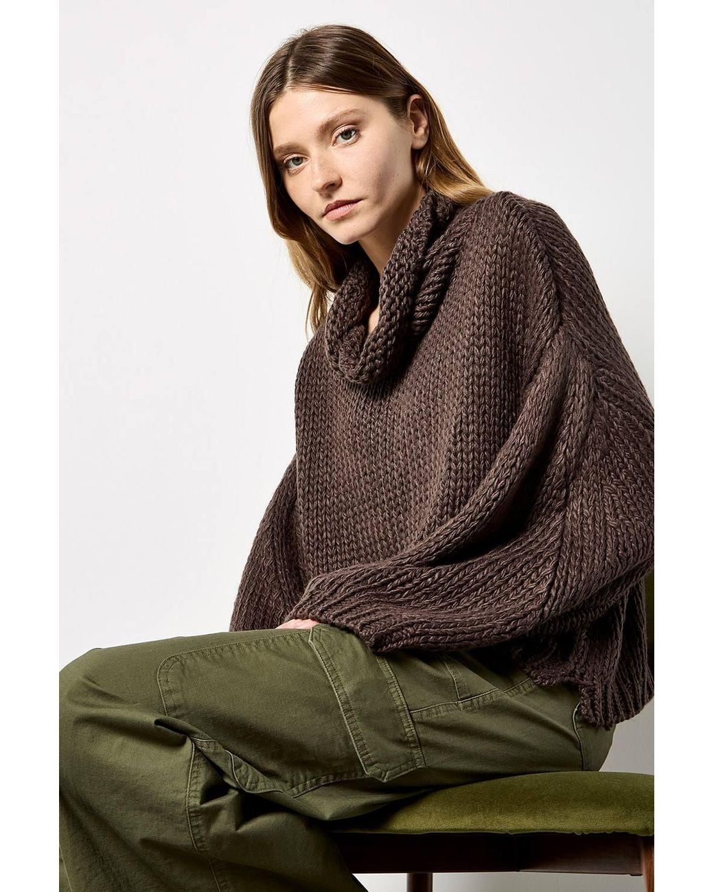 Apricot Brown Chunky Knit Roll Neck Oversized Jumper