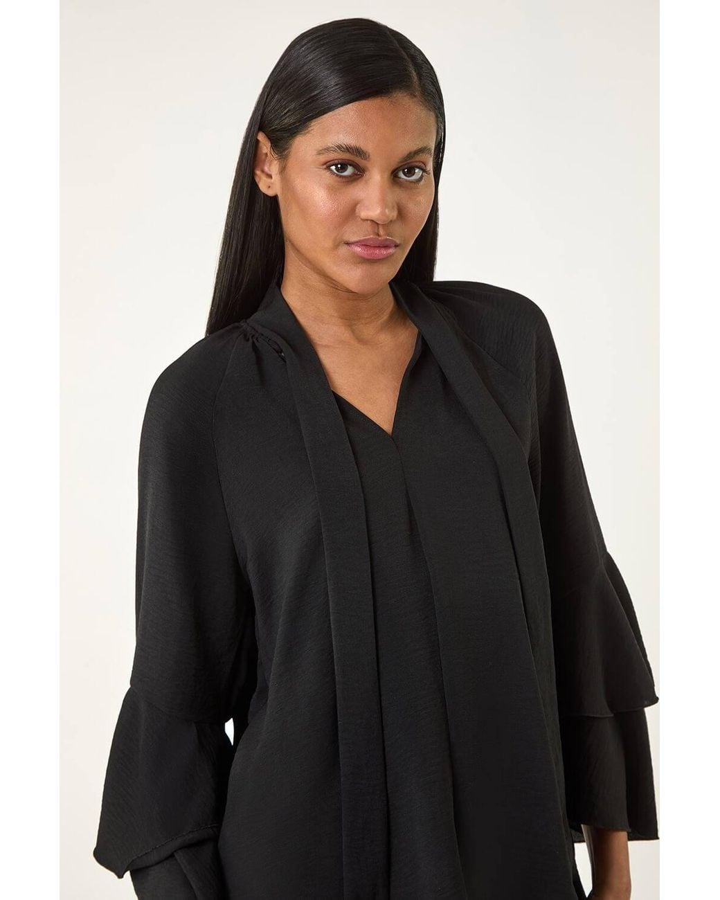 Roman Black Frilled Sleeve Tie Front Top