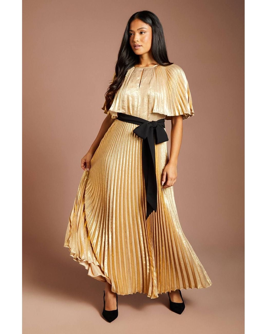 Coast Natural Petite Muse Pleated Cape Detail Metallic Maxi Dress W/ Tie