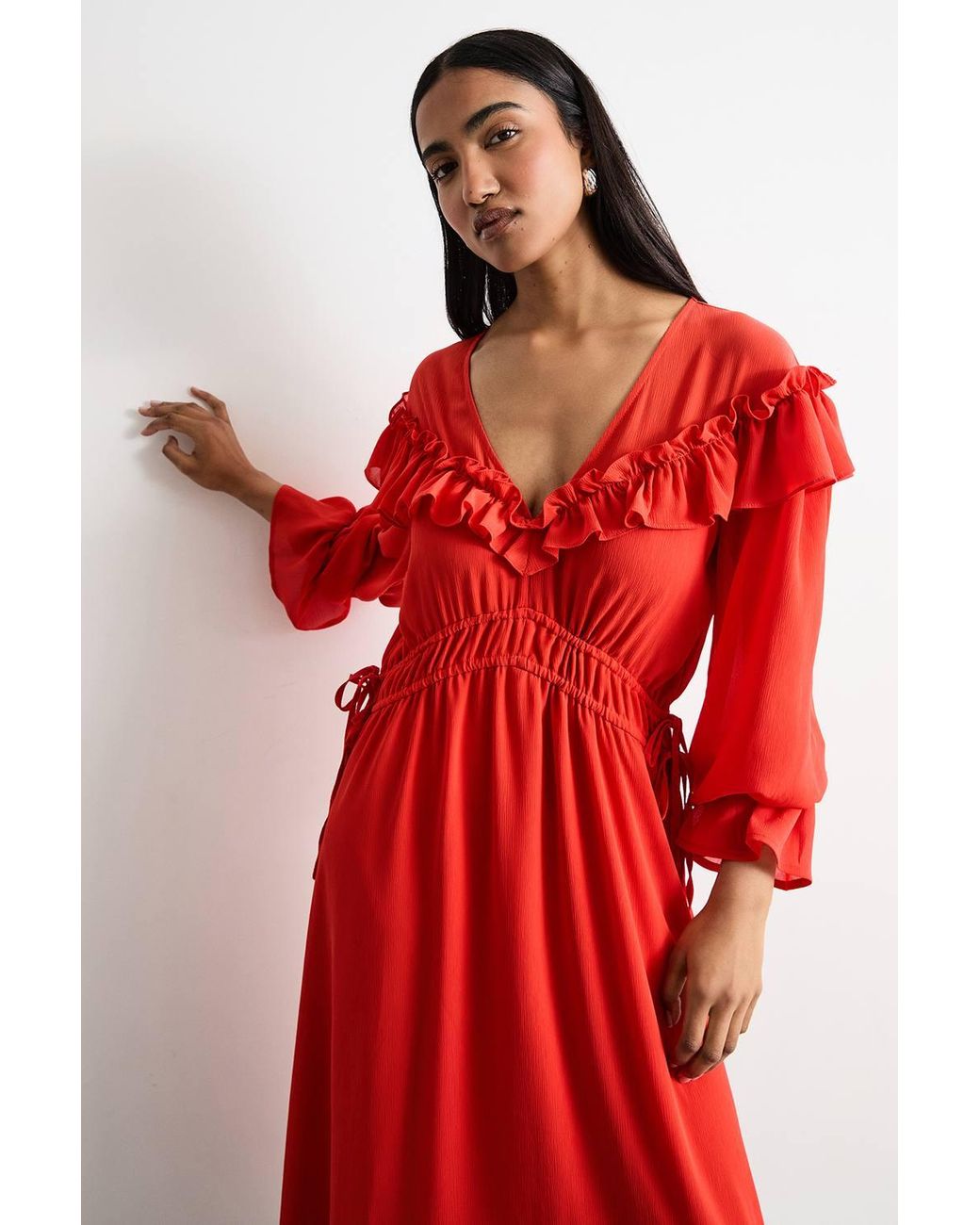 Warehouse Red Ruffle Shoulder Detail V Neck Boho Maxi Dress