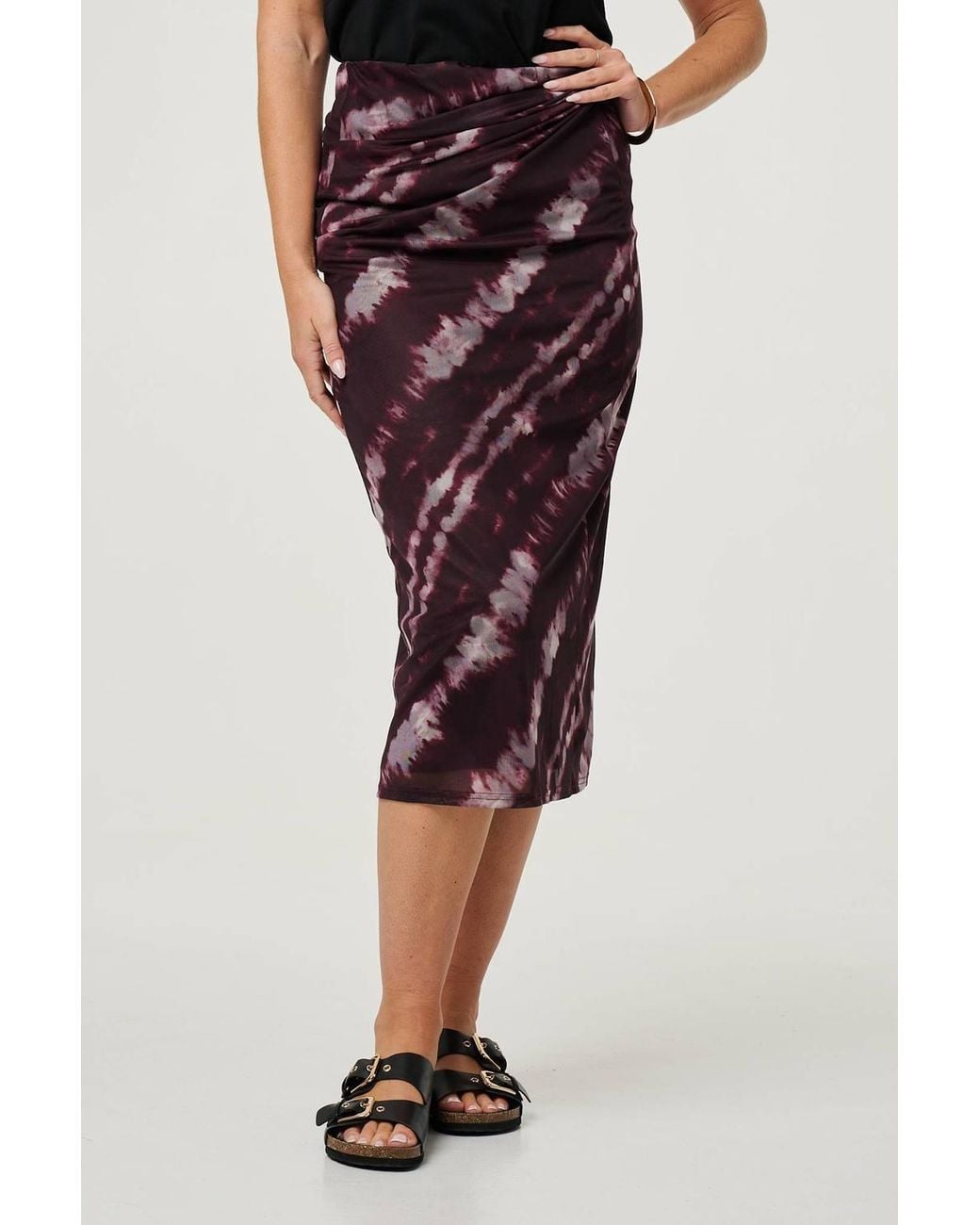 Izabel London Red Tie Dye Ruched High Waist Midi Skirt