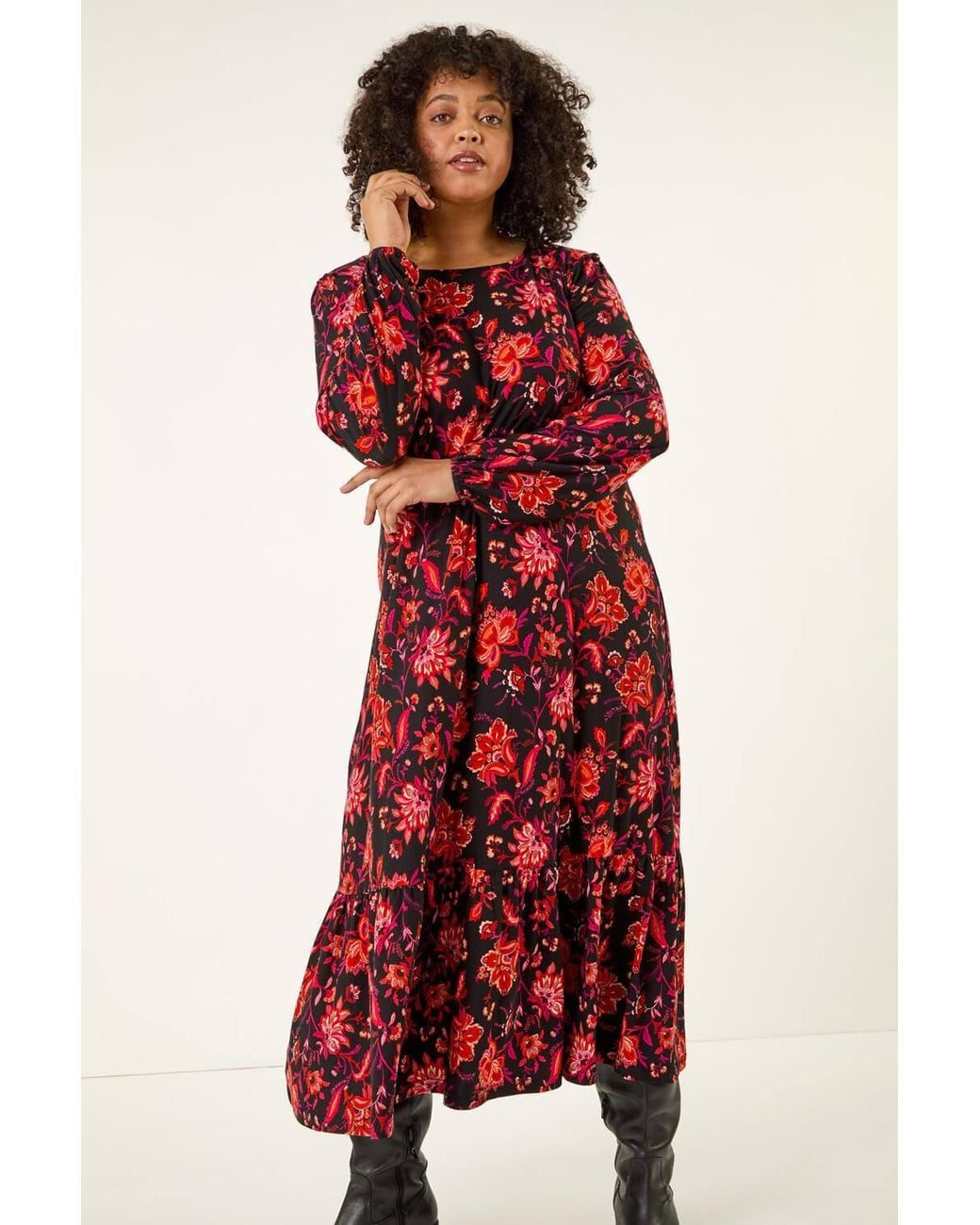 Roman Red Curve Floral Print Stretch Dress