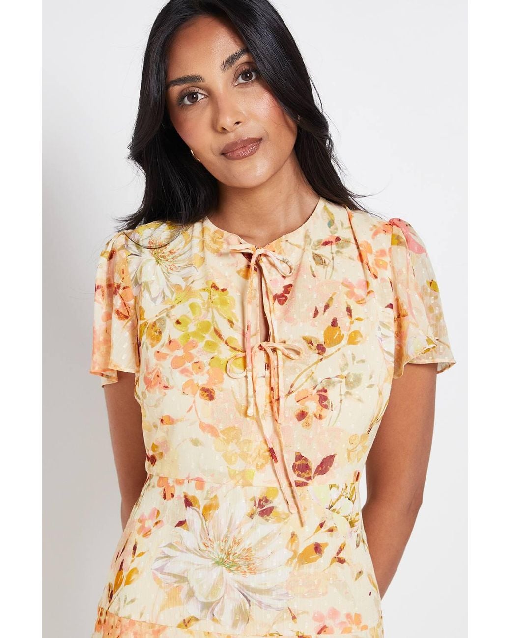 Wallis Natural Petite Floral Dobby Tie Front Midi Dress