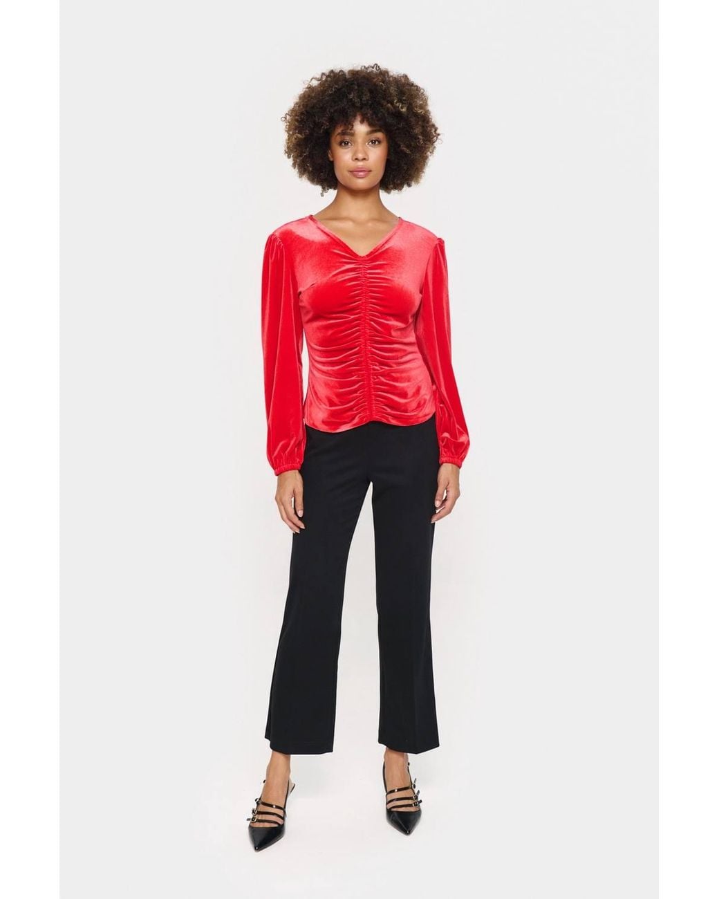 Saint Tropez Red Hebasz Velvet V-Neck Ruchings Blouse