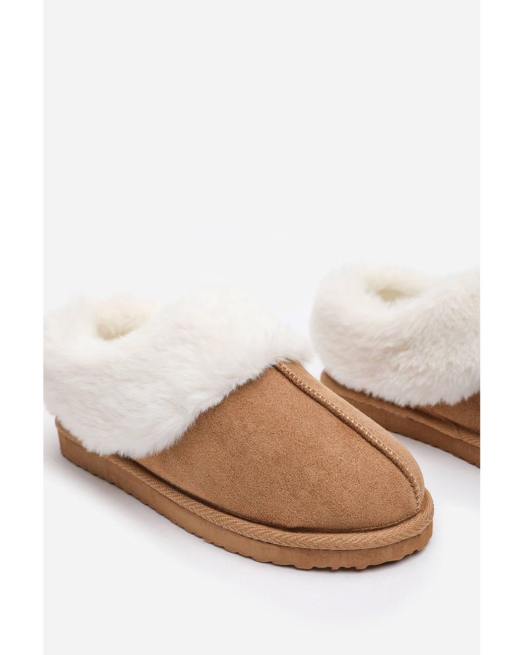 Where's That From Blue 'Qelora' Faux Suede Mule Slippers W/ Faux Fur Collar Trim
