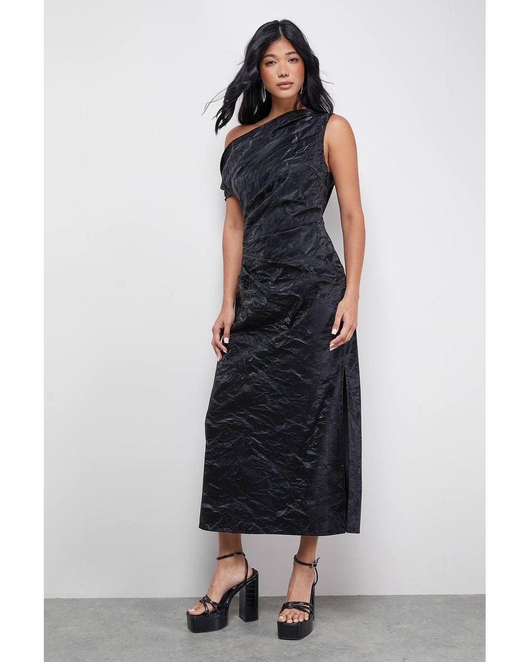 Warehouse Blue Faux Crinkle Leather Fallen Shoulder Ruched Waist Midi Dress